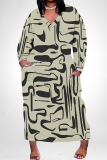 Light Yellow Colorblock Floral Print V Neck Long Sleeve Pocket Casual Outing Straight Loose Plus Size Maxi Dress