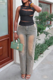 Blue High Waist Pockets Casual Ditressed Denim Jeans