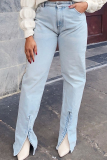 Light Blue Slit High Waist Casual Distressed Denim Jeans