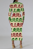 Orange Black Geometric Print O Neck Long Sleeve Long Casual Outing Bodycon Maxi Dress