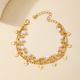 Gold Metal Heart Tassel Pearls Decor Heart-shaped Beaded Bracelet
