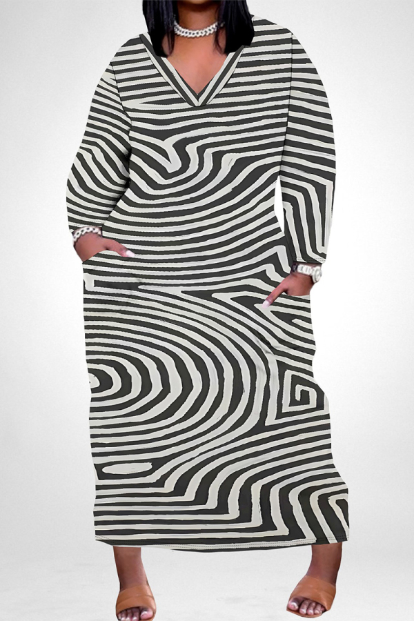 Stripe Geometric Print V Neck Long Sleeve Pocket Straight Casual Outing Loose Plus Size Maxi Dress