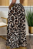 Brown Leopard Print Pocket Loose High Waist Casual Wide Leg Pants