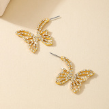 Glod Casual Metal Butterfly Row Dazzling Diamond Rhinestone Decor Earrings