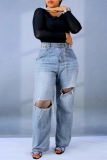 Blue High Waist Ripped Straight Casual Distressed Denim Jeans (Without  Waist Chain)