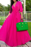 Casual Solid Color Belted V Neck Long Dresses