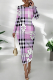 Camel Flowers Plaid Cartoon Print O Neck Long Sleeve Long Casual Outing Bodycon Maxi Dress