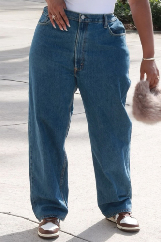 Dark Blue Casual High Waist Straight Leg Denim Jeans