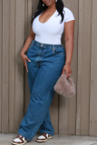 Dark Blue Casual High Waist Straight Leg Denim Jeans
