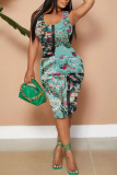 Pink Graphics Print Sleeveless U Neck Casual Outing Plus Size Bodycon Midi Vest Dresses