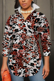 Brown Leopard Print Shirt Collar Long Sleeve Buttons Slit Casual Vacation Shirt Tops