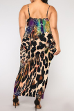Leopard Chain Print U Neck Sleeveless Plus Size Bodycon Maxi Slip Dresses