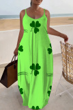 Orange Green Shamrock Print Sleeveless Backless Spaghetti Strap Floor Length Casual Irish Clover Maxi Slip Dresses