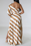 Striped Print Oblique Collar One Long Sleeve Backless Slit Ruffle Trim Vacation Casual Maxi Dresses