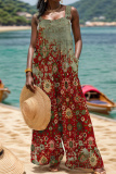 Rose Red Blue Graphics Print Sleeveless Backless Spaghetti Strap Buttons Casual Vacation Wide Leg Jumpsuits
