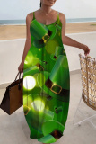 Orange Green Shamrock Print Sleeveless Backless Spaghetti Strap Floor Length Casual Irish Clover Maxi Slip Dresses