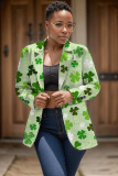 Dark Green Shamrock Four Leaf Clover Print Buttons Turn-back Collar Long Sleeve Formal Office Casual Blazer Jackets