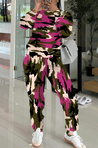 Rose Red Camouflage Casual Letter Print Round Neck Long Sleeve Sweatshirt And Pencil Pants Fall Winter Two Pieces Sets