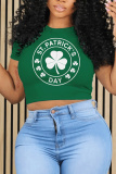 Green Shamrock Letter Print O Neck Short Sleeve Casual Irish Clover Crop T-Shirts