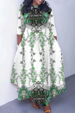 Yellow Floral Print O Neck 3/4 Sleeve Belted Pockets Long Vacation Casual Pleated A Line Maxi Dresses