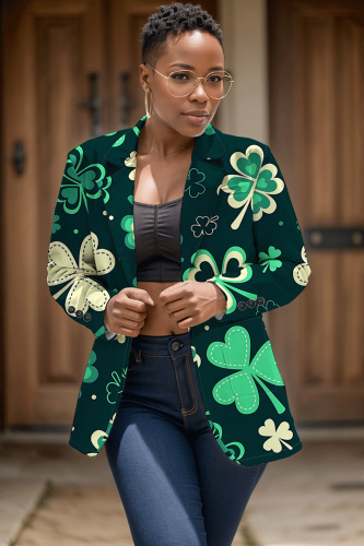 Dark Green Shamrock Four Leaf Clover Print Buttons Turn-back Collar Long Sleeve Formal Office Casual Blazer Jackets