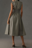 Grey V Neck Sleeveless Pocket Zipper Casual Formal Office Lady Leather Maxi Dresses