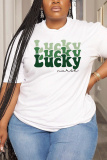 White Green Letter Shamrock Four Leaf Clover Print O Neck Short Sleeve Casual Oversize T-Shirts