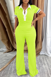 Fluorescent Green Short Sleeve Polo Collar Top And Wide Leg Pants Sportwear Casual Two Pieces Jogger Sets