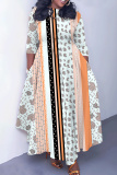 Yellow Floral Print O Neck 3/4 Sleeve Belted Pockets Long Vacation Casual Pleated A Line Maxi Dresses