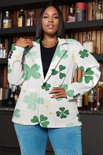 Ice Grass Green Shamrock Four Leaf Clover Print Buttons Turn-back Collar Long Sleeve Formal Office Casual Blazer Jackets