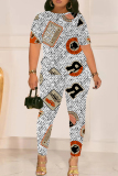 White Graphcis Print Round Neck Short Sleeve T-shirt And Skinny Pants Two Pieces Trouser Sets