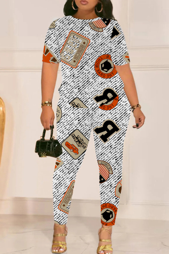 White Graphcis Print Round Neck Short Sleeve T-shirt And Skinny Pants Two Pieces Trouser Sets