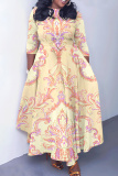 Yellow Floral Print O Neck 3/4 Sleeve Belted Pockets Long Vacation Casual Pleated A Line Maxi Dresses
