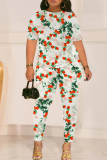 White Graphcis Print Round Neck Short Sleeve T-shirt And Skinny Pants Two Pieces Trouser Sets