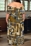Yellow Blue Geometric Print Off Shoulder Ruffle Sleeve Casual Outing Plus Size Vacation Loose Fit Maxi Dresses