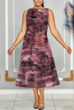 Dark Gray Graphics Print Sleeveless O Neck Casual Vacation Pleated Midi Tank Dresses