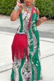 Red Boho Graphics Print Backless Sleeveless Spaghetti Strap Floor Length Long Baggy Vacation Maxi Slip Dresses