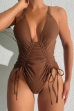 Dark Brown Backless Lace Up Draw String One Piece Swimsuit Vacation Beach Swimwears(With Paddings)
