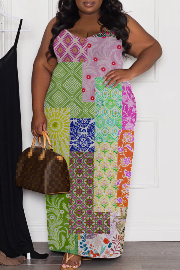 Multicolor Graphics Print Backless Spaghetti Strap Floor Length Long Plus Size Baggy Vacation Maxi Slip Dresses