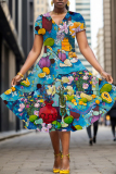 Dark Red Floral Print V Neck Short Sleeve Casual Halloween Flowy Midi Dress