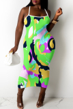 Fluorescent Green Graphics Print Sleeveless Backless Summer Outings Vacation Bodycon Maxi Slip Dress