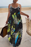 Multicolor Graphics Print Backless Sleeveless Spaghetti Strap Floor Length Long Baggy Vacation Maxi Slip Dresses