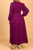 Purple Beading Lantern Sleeve O Neck Formal Office Lady Casual Pleated Maxi Dresses