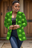 Dark Green Shamrock Four Leaf Clover Print Buttons Turn-back Collar Long Sleeve Formal Office Casual Blazer Jackets