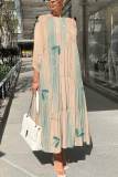 Multicolor Graphics Print O Neck 3/4 Sleeve Long Loose Vacation Casual Pleated Maxi Dresses