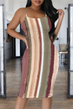 Stripe Letter Print Sleeveless Casual Outing Vacation Bodycon Midi Slip Dresses