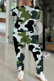 Rose Red Camouflage Casual Letter Print Round Neck Long Sleeve Sweatshirt And Pencil Pants Fall Winter Two Pieces Sets
