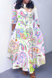 Orange Boho Graphics Print O Neck 3/4 Sleeve Belted Pockets Long Vacation Casual Pleated A Line Spring Floral Maxi Dresses