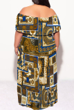Yellow Blue Geometric Print Off Shoulder Ruffle Sleeve Casual Outing Plus Size Vacation Loose Fit Maxi Dresses