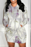 Dark Pink Graphcis Print Hooded Long Sleeve Pockets Casual Mini Sweatshirt Dresses